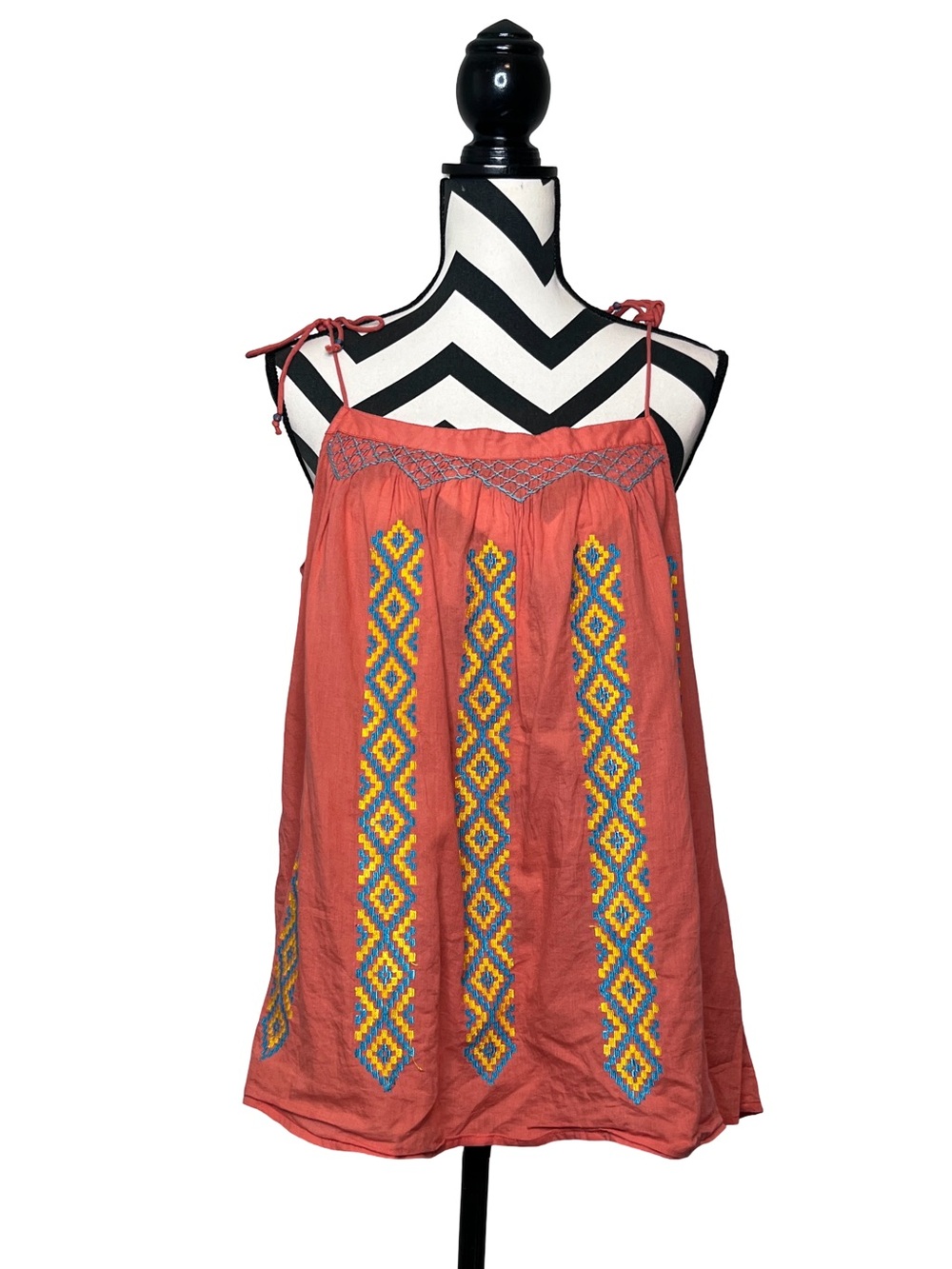 Voile Cotton Boho Aztec Embroidered Lightweight Beaded Tie Strap Top Sz L